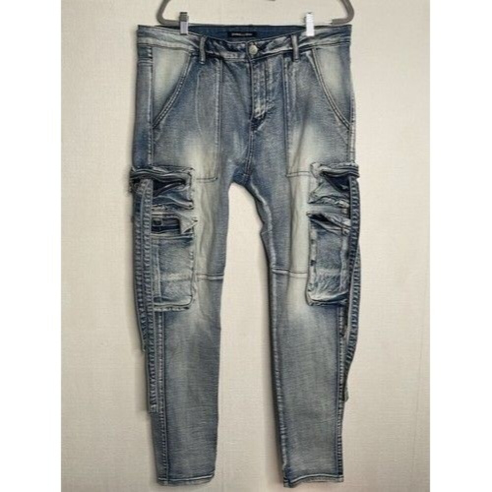 Embellish Pockets Stone Wash Cargo Moto Hawk Biker Jeans‎ Men Size 38 Blue
